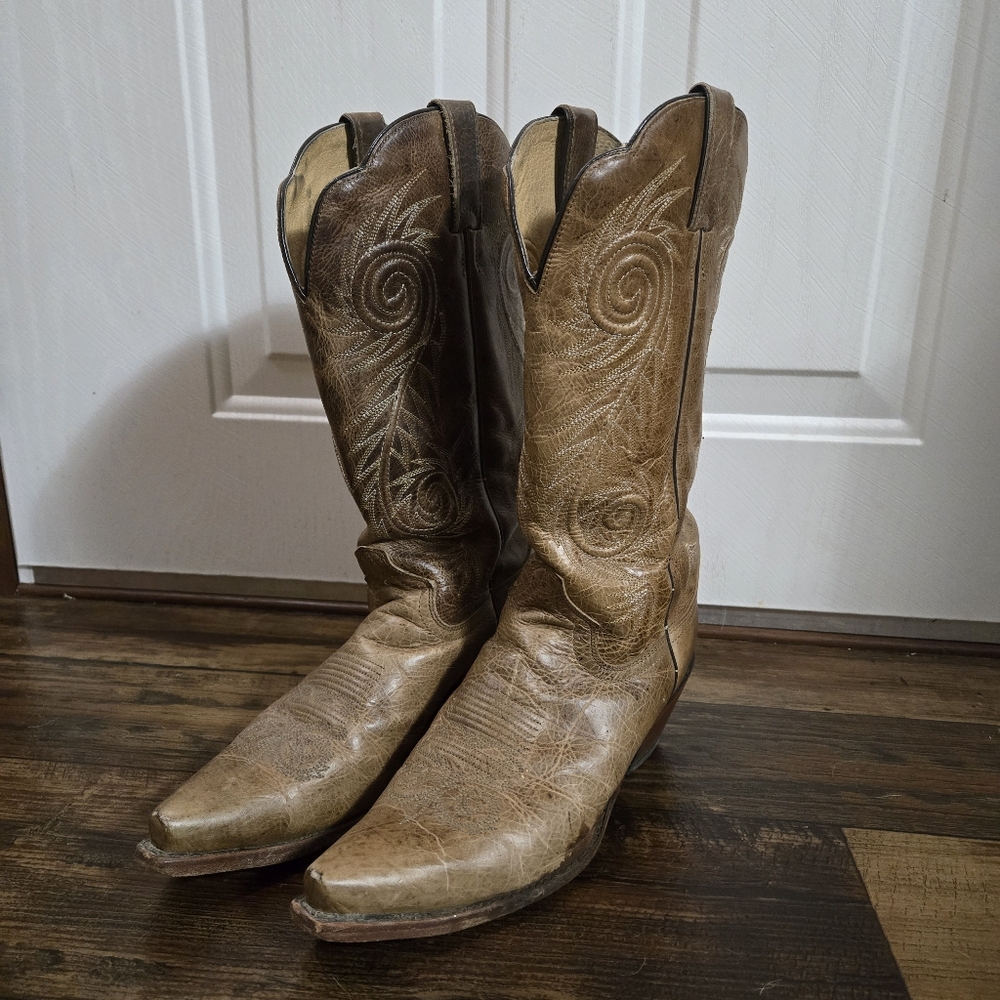 Justin Women's 10B Tan Damiana Embroidered Western Cowboy Snip Toe Leather Boots